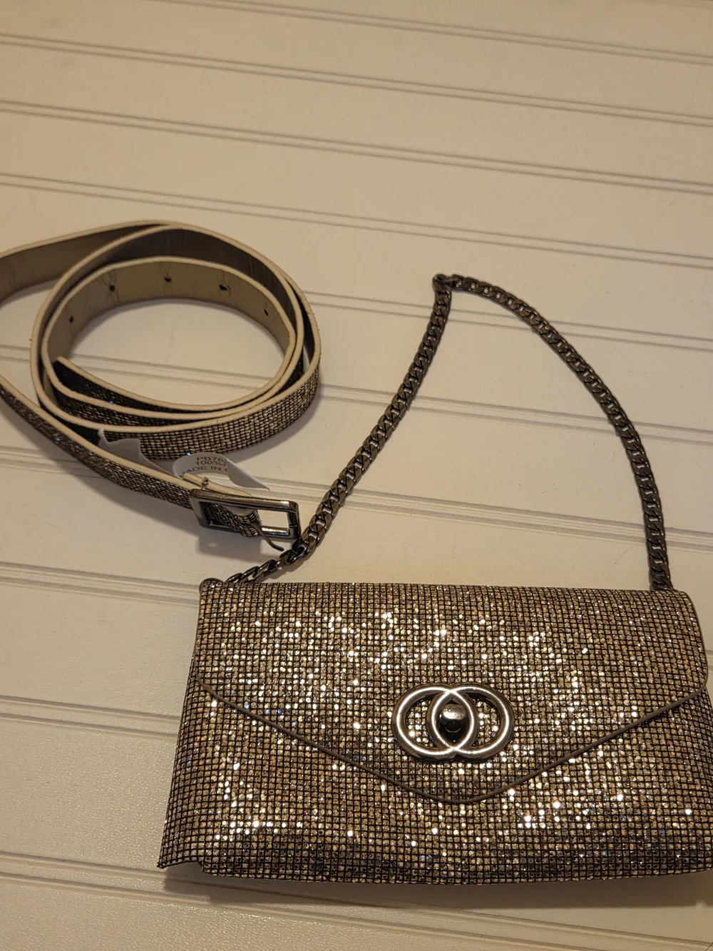Sparkle Gold Metallic Glitter Belt & Chain Clutch 2 In 1